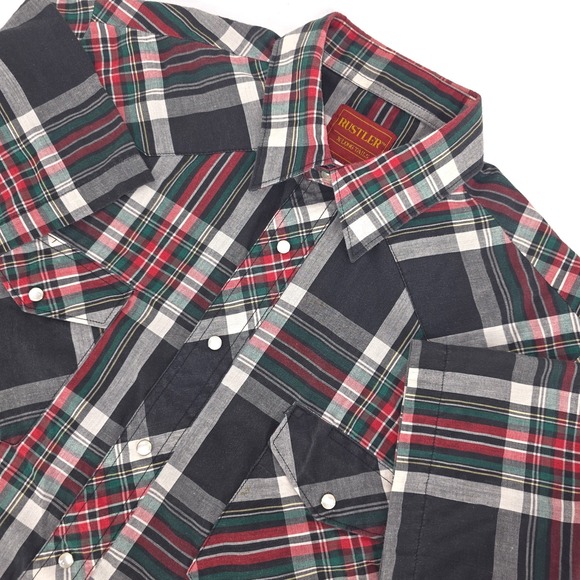 RUSTLER X-Long Tails Pearl Snap Mens Large Plaid Western Rodeo Cowboy Classic - Picture 1 of 15